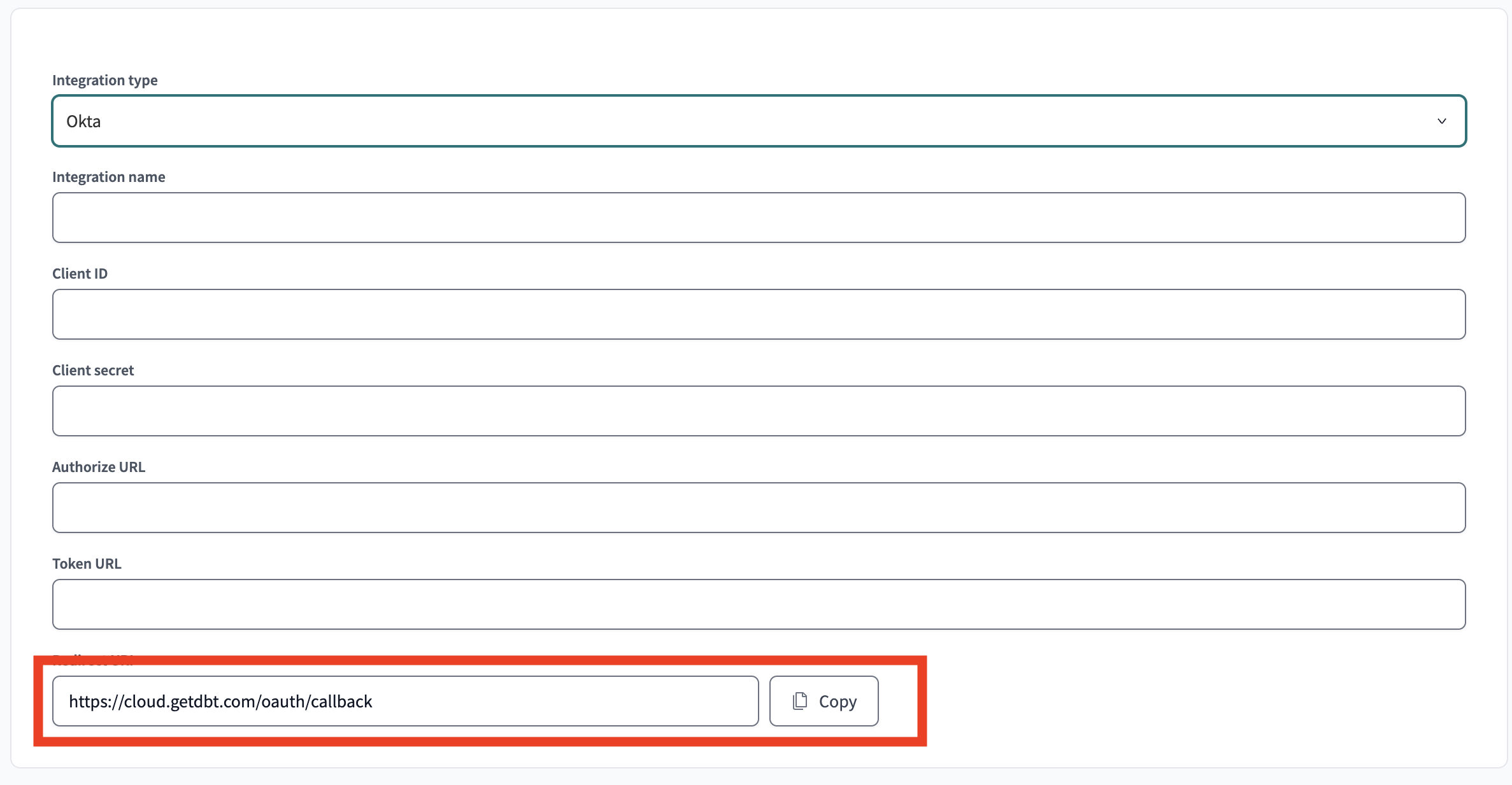 Copy the callback URI at the bottom of the integration page in dbt.