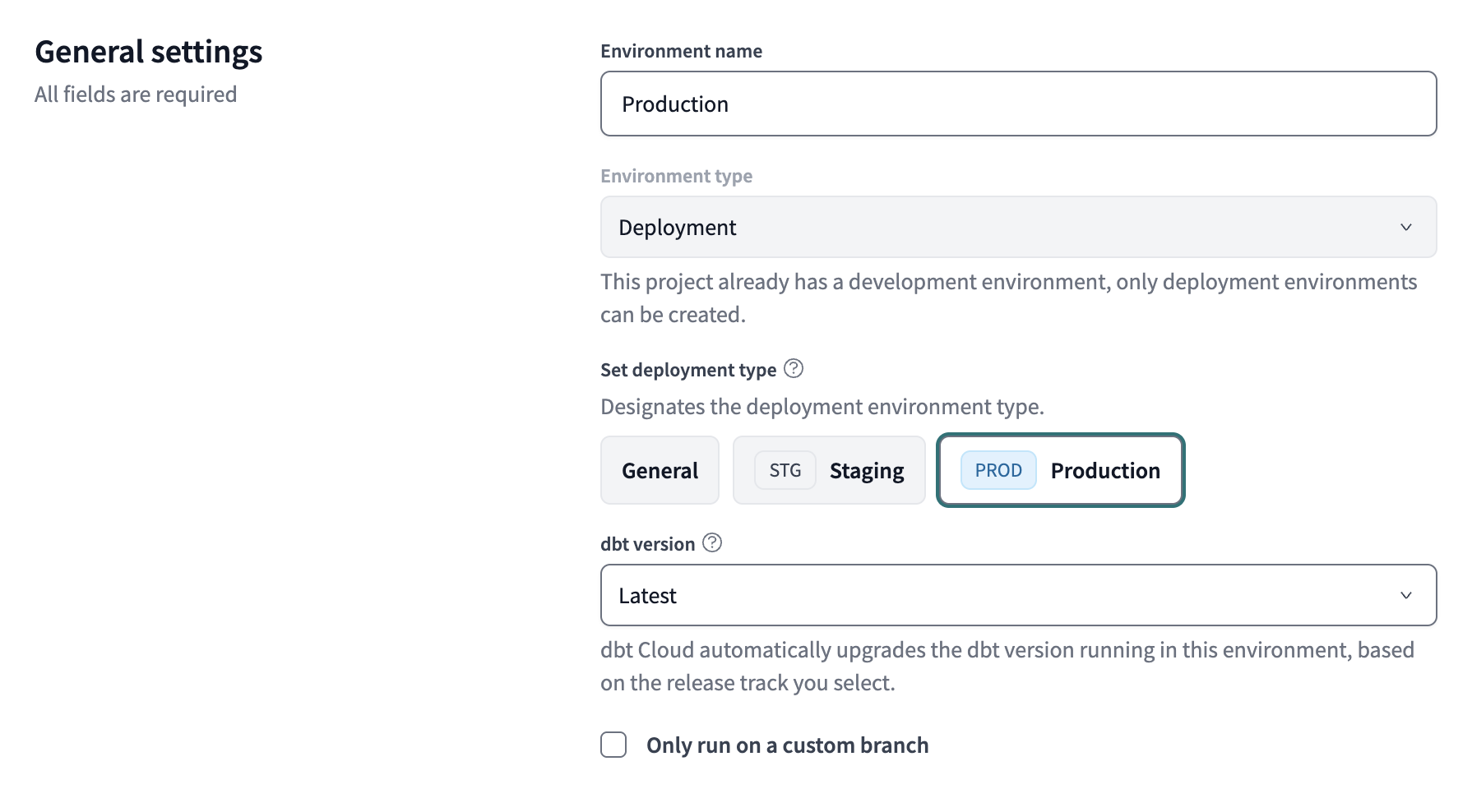 Example environment settings in dbt