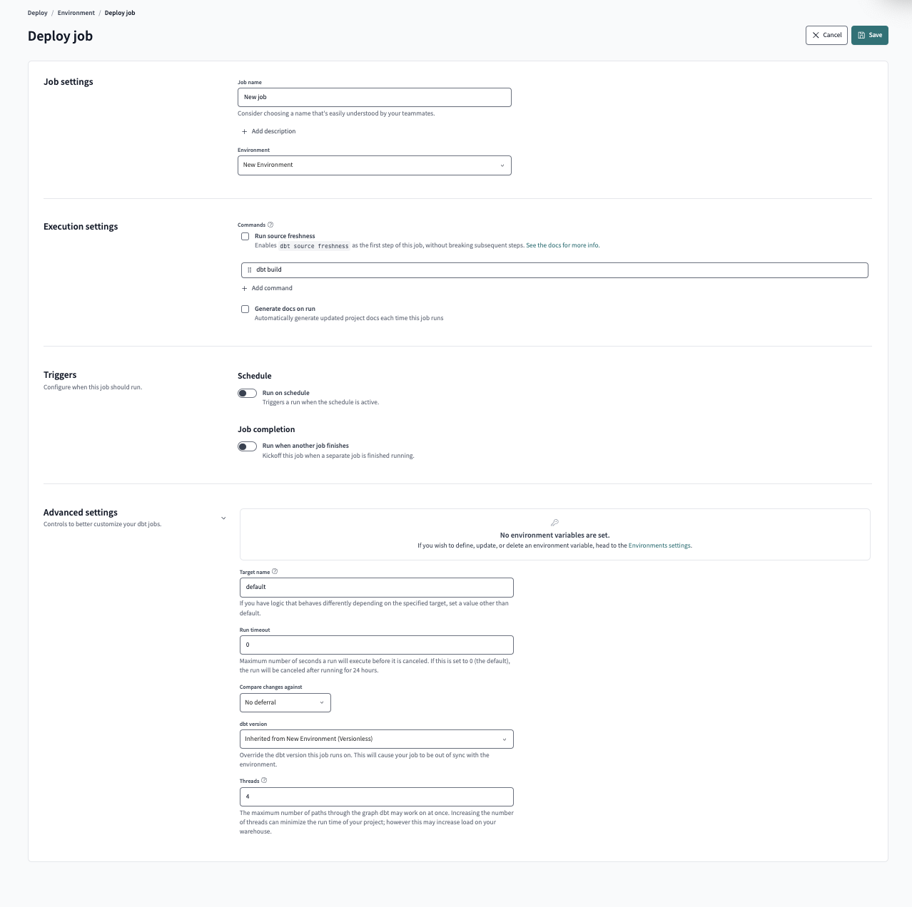 Settings of a dbt job