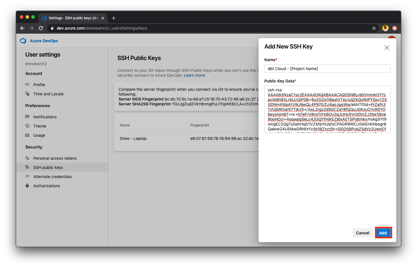 Enter and save the public key generated for your repository by dbt