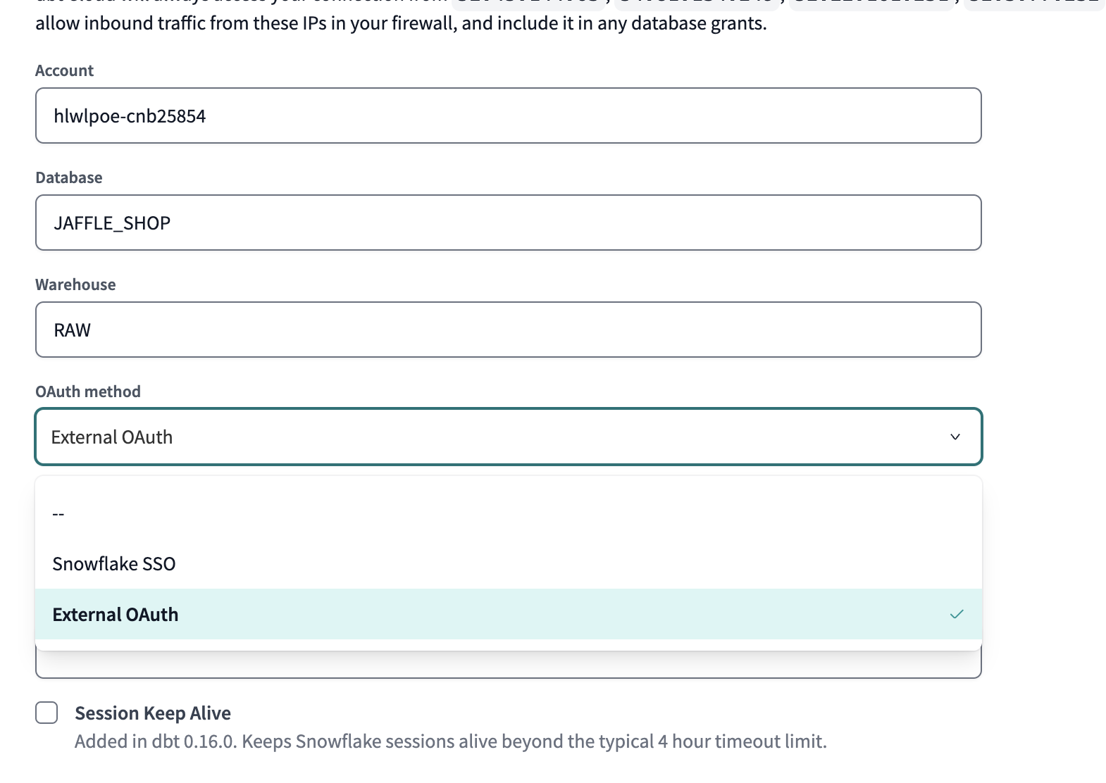 The new configuration window in dbt with the External OAuth showing as an option.