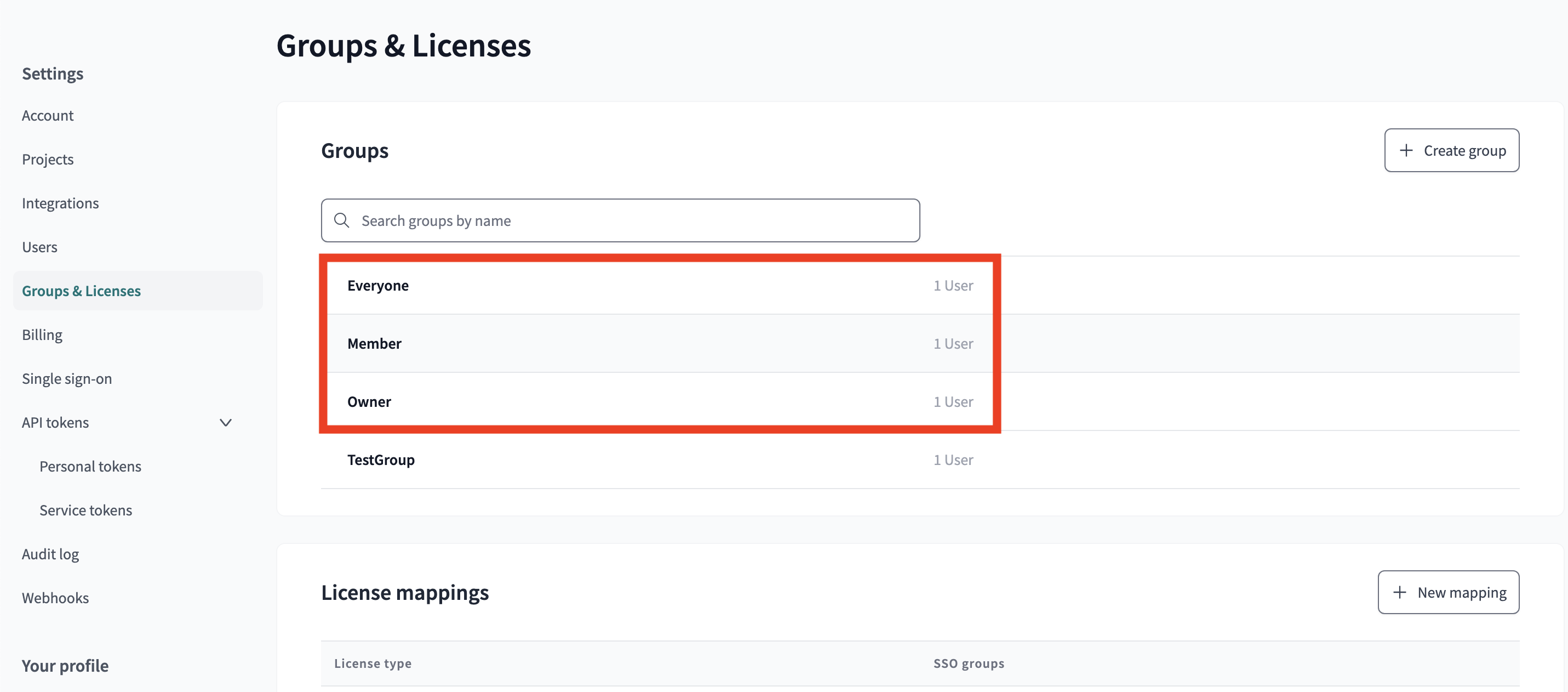 Groups & Licenses page in dbt with the default groups highlighted.